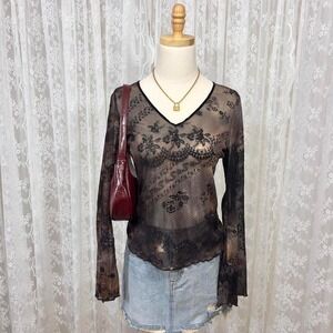 Vintage Y2K Von Mozart Brown/Black‎ Sheer Mesh Flare Sleeve L Floral Whimsigoth
